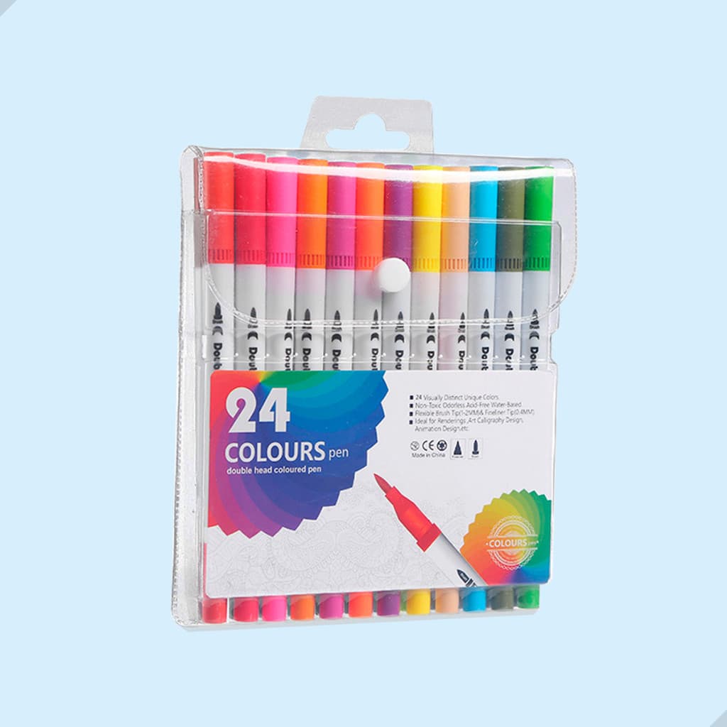 Kit 24 Canetas 2 em 1 Brush Pen Canetinha Para Colorir Lettering e Ponta Fina Dual Colorida
