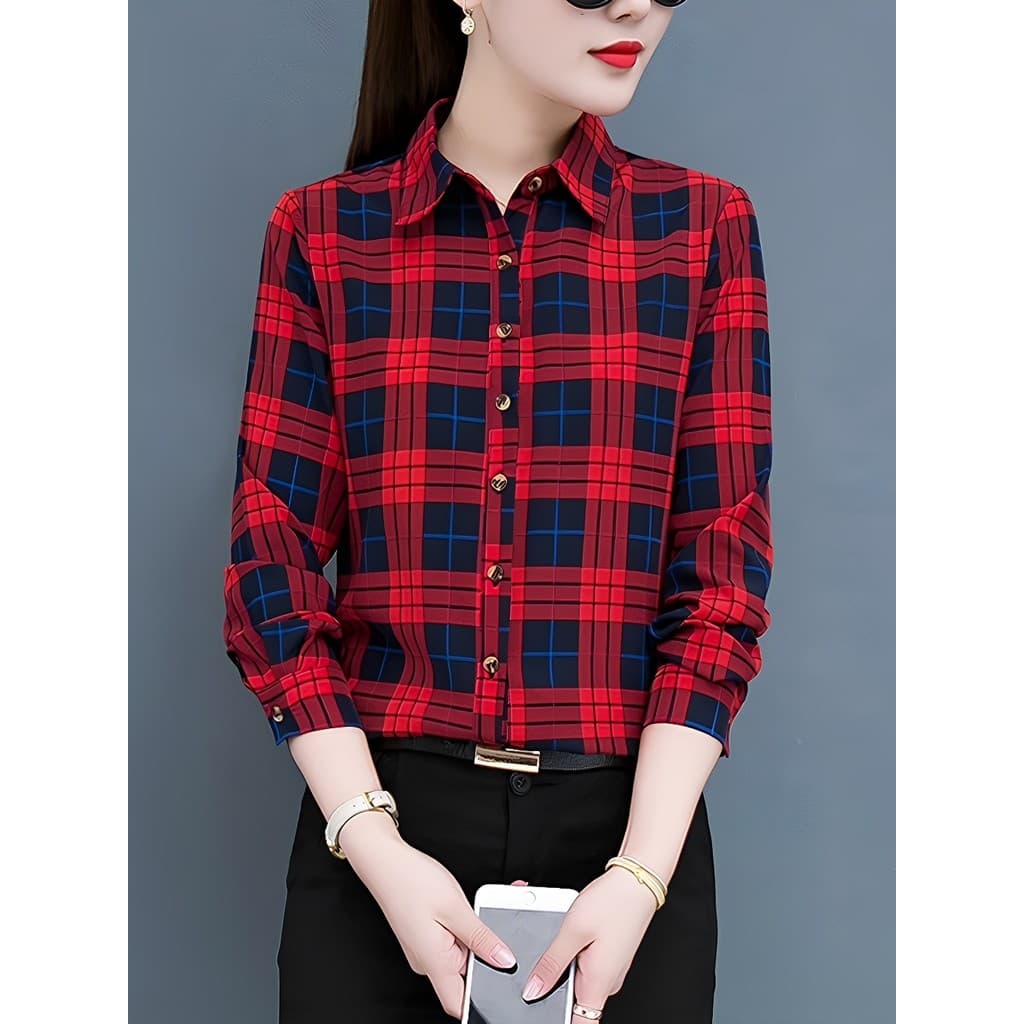 Primavera camisa xadrez feminina novo estilo fino-ajuste de manga comprida topo versão coreana moda elegante mais magro