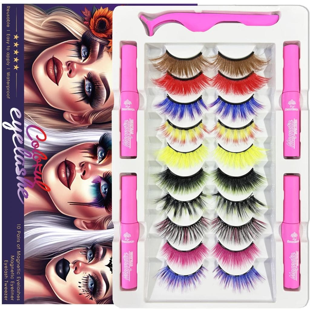 Cílios Magnéticos Coloridos – O Pacote Glamouroso Perfeito: 10 Estilos Vibrantes, 4 Delineadores Magnéticos, Looks Incri