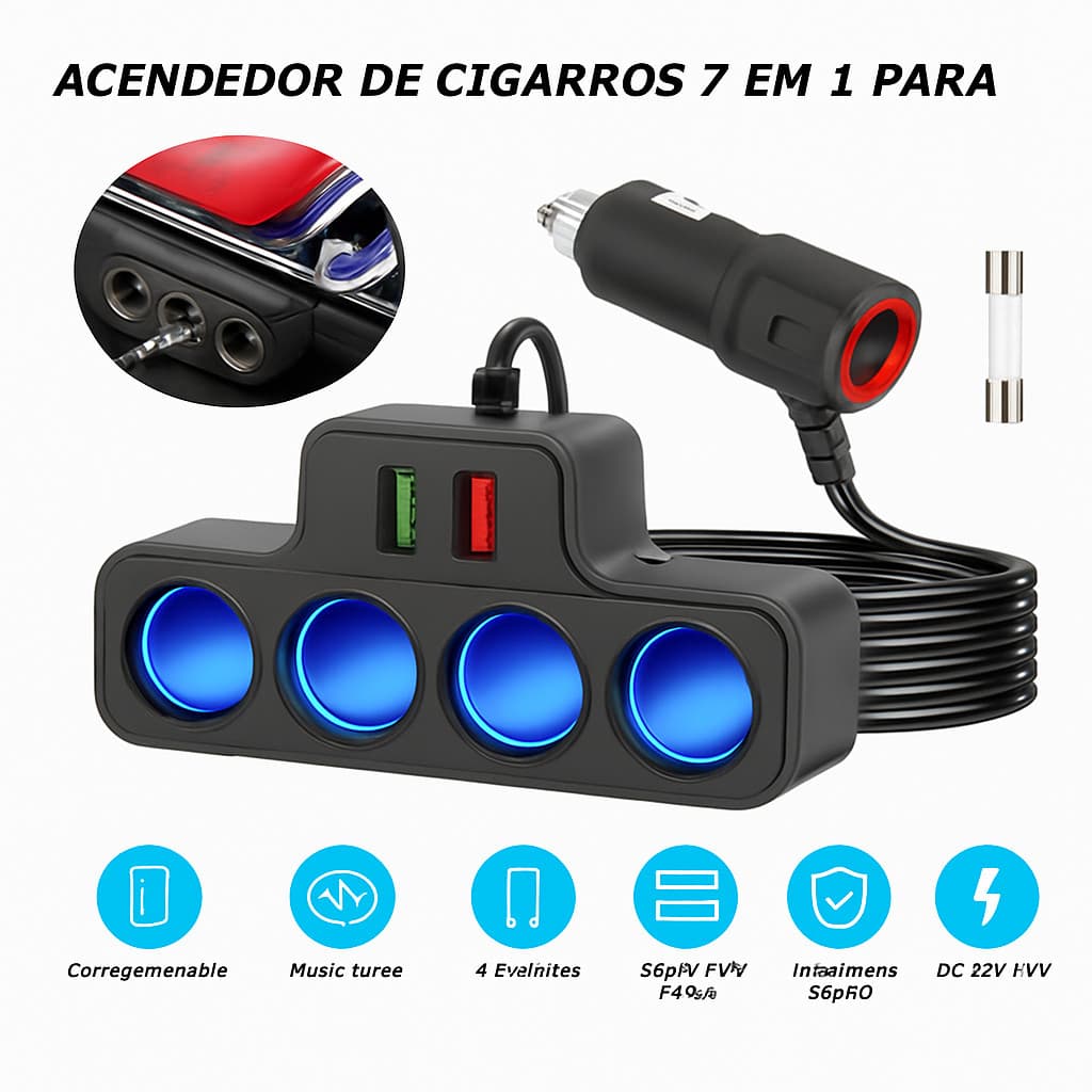 KIT 10 Adaptador De Isqueiro De Carro 120W 4 Em 1 12V/24V Tomada USB CARREGADOR
