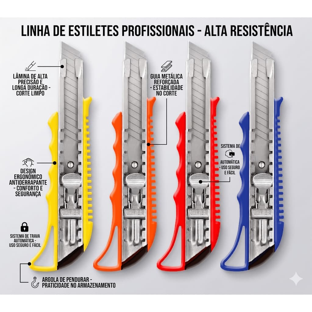 KIT 4 ESTILETE METAL PROFISSIONAL REFORÇADO 18MM RESISTENTE MULTIUSO LÂMINA AFIADA LARGO