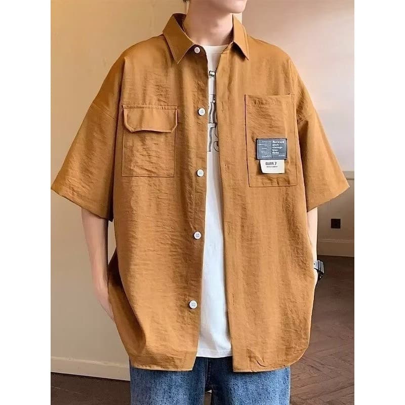 Workwear masculino camisa de manga curta jaqueta verão novo estilo de seda gelo meia manga solta estilo Hong Kong camisa