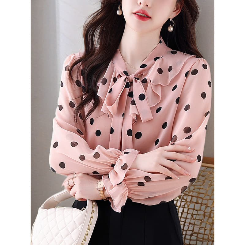 Camisa de Chiffon de bolinhas feminina de manga comprida primavera outono inverno roupas nova camisa de laço moda solta
