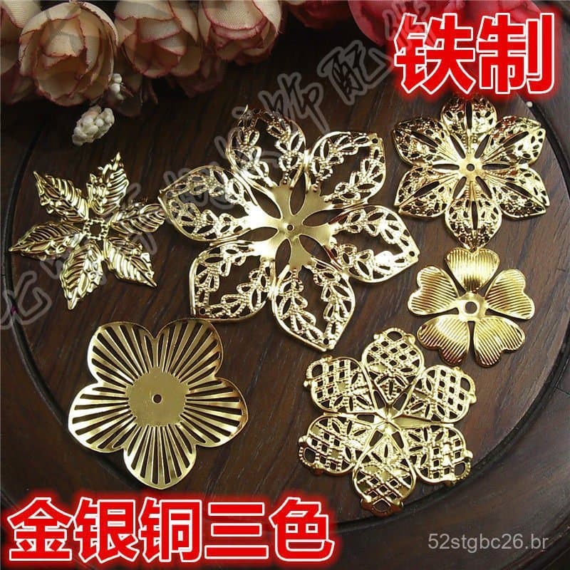 Folha de metal em relevo com flor de seis pétalas em três cores (ouro, prata e cobre) para acessórios de cabelo DIY, ace