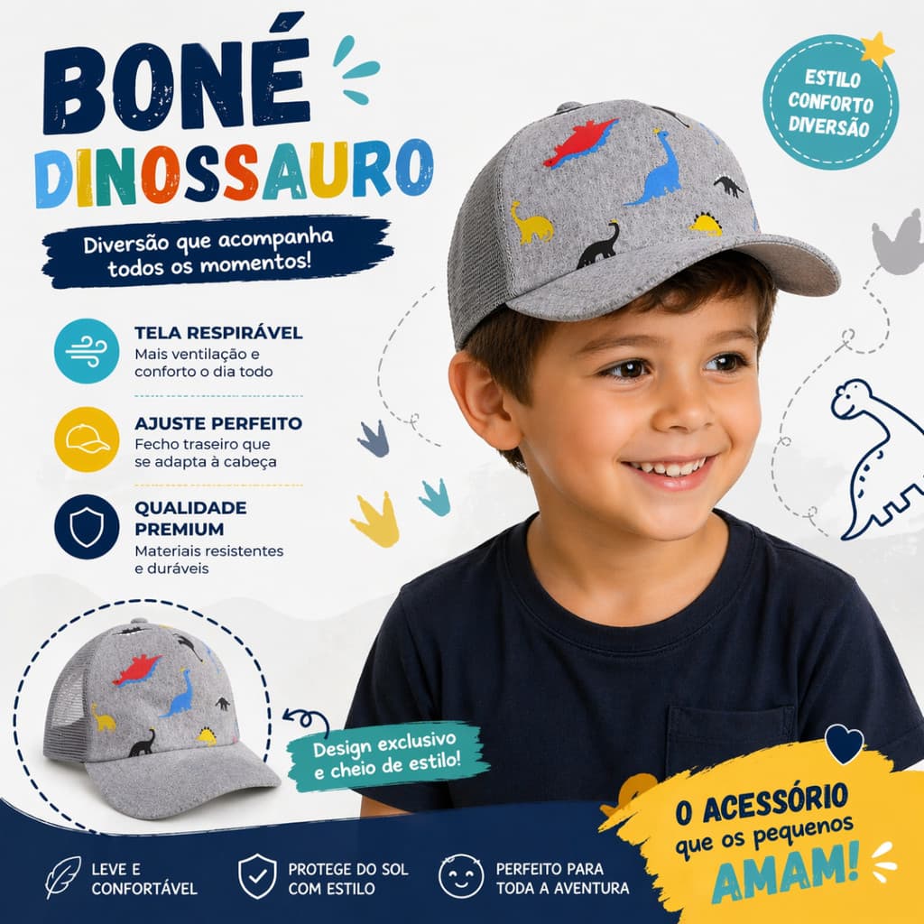 Boné infantil Menino Telinha Dinossauro Truck Estampado 1 a 5 anos