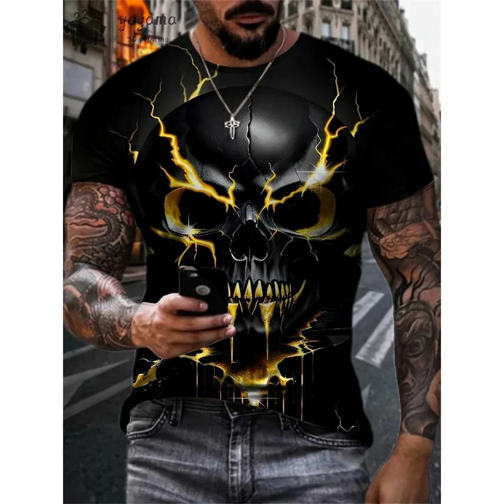 Novo Masculino Horror Crânio Impressão Camiseta 3D O-Pescoço Manga Curta Moda Oversized Camisetas Masculinas Verão Roupa