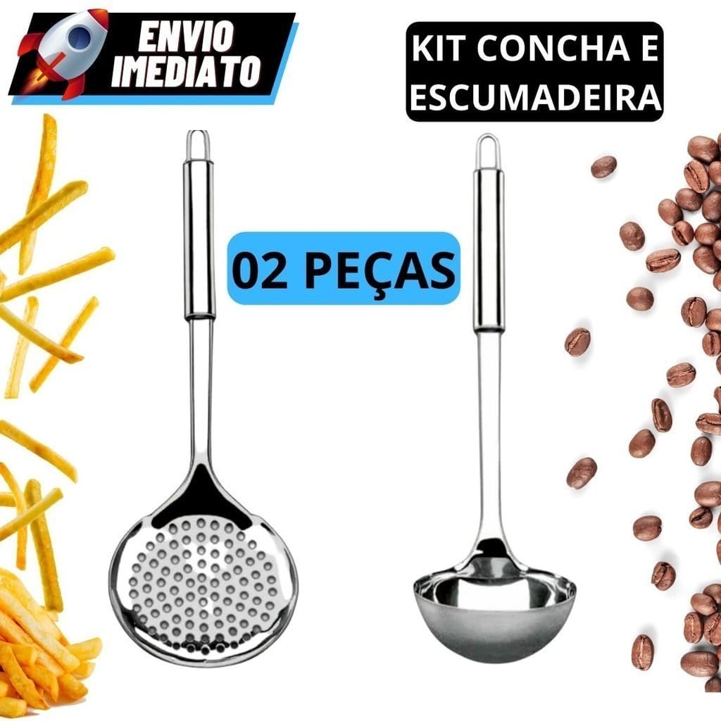 Kit 2 Utensilios Concha + Escumadeira em Aco Inox Para Cozinha
