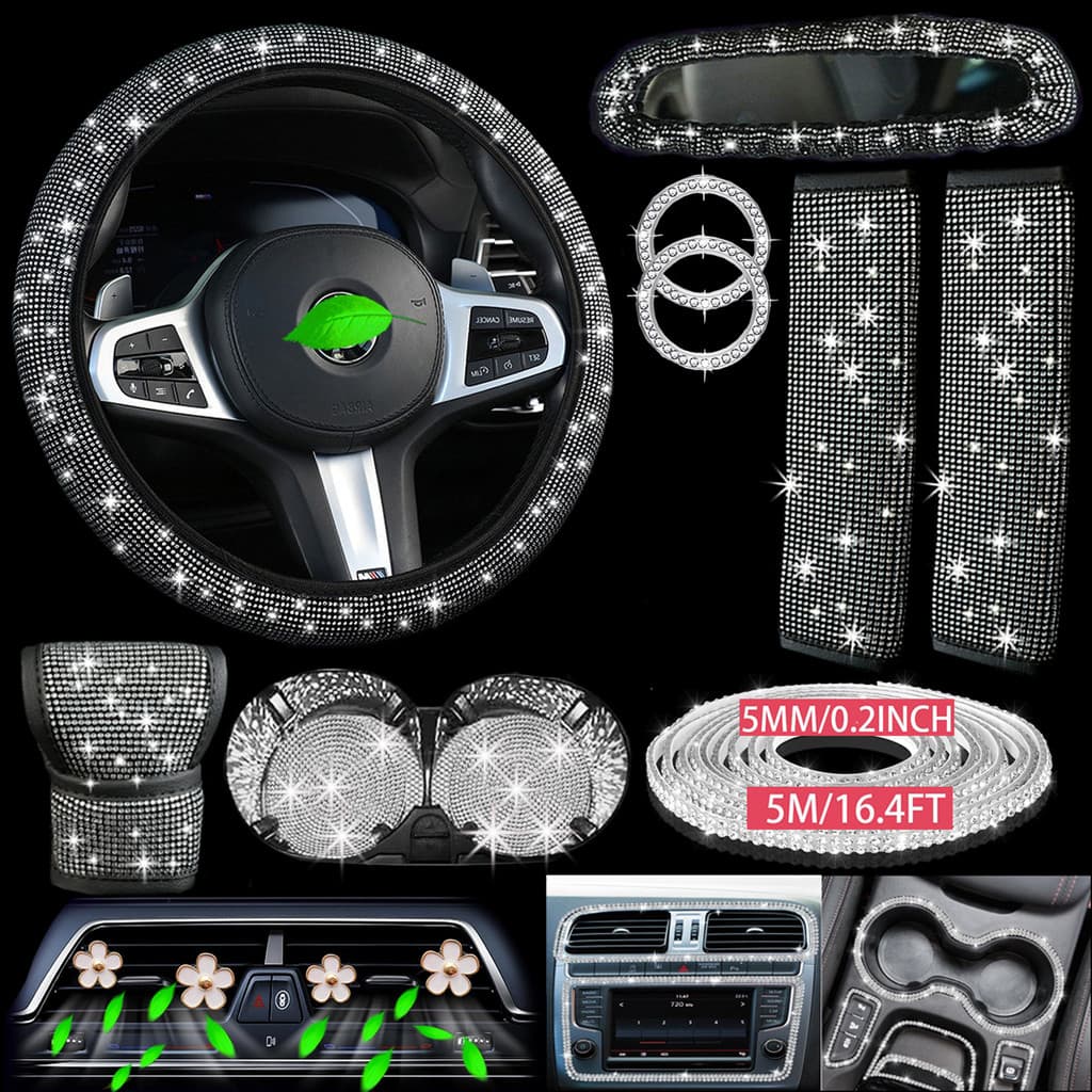 Conjunto de 14 peças | Capa de Volante de Carro com Strass | Almofada de ombro para cinto de segurança | Acessório autom