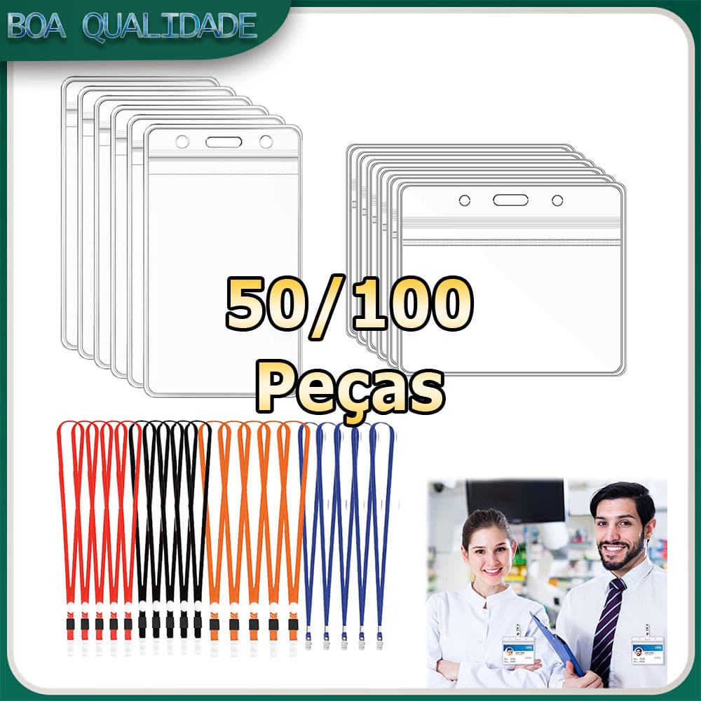 Kit 50/100 Porta-crachás com cordão porta-cartões transparente à prova d'água porta-crachás de plástico com cordão