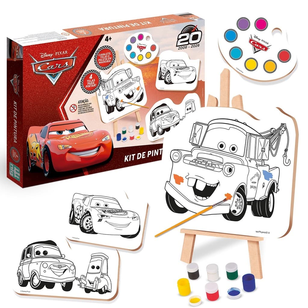 Kit Pintura Infantil Carros Disney Com Cavalete Tinta Guache E Pincel Para Crianças - Nig Brinquedos