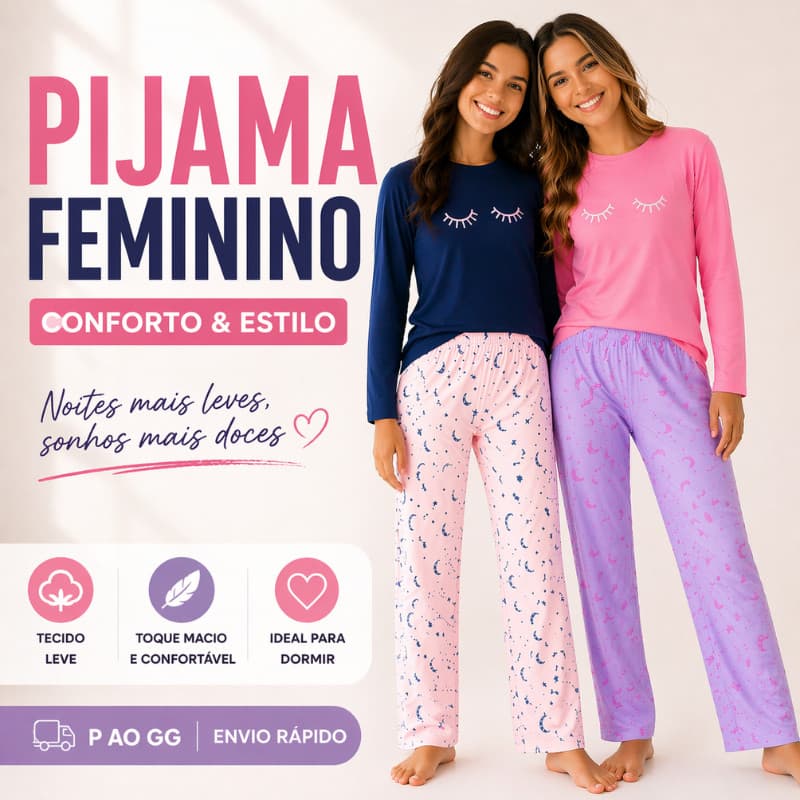Pijama Feminino Longo Poliéster Confortável Manga Longa Calça Leve Estampado P ao GG Roupa de Dormir |803| Promoção