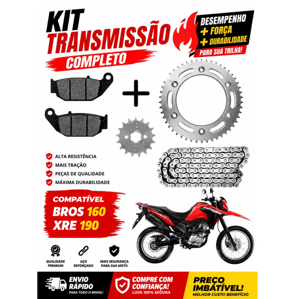 Kit Relação Transmissão + Pastilha Traseira NXR Bros 160 XRE 190