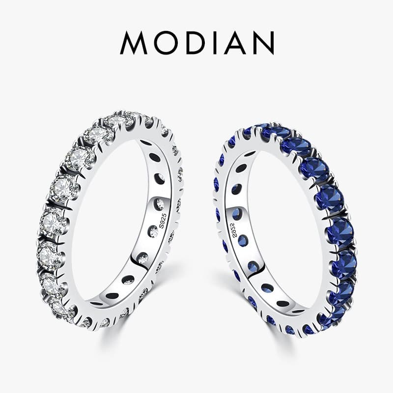 MODIAN Luxo Cintilante Azul Zircônia Cúbica Anel 925 Prata Esterlina Clássico Anéis Dedos Empilháveis Para Mulheres Decl