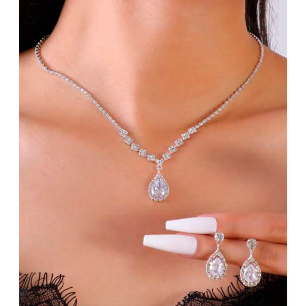 Colar Feminino Cl47 Gota De Água Para Festas Prata Strass