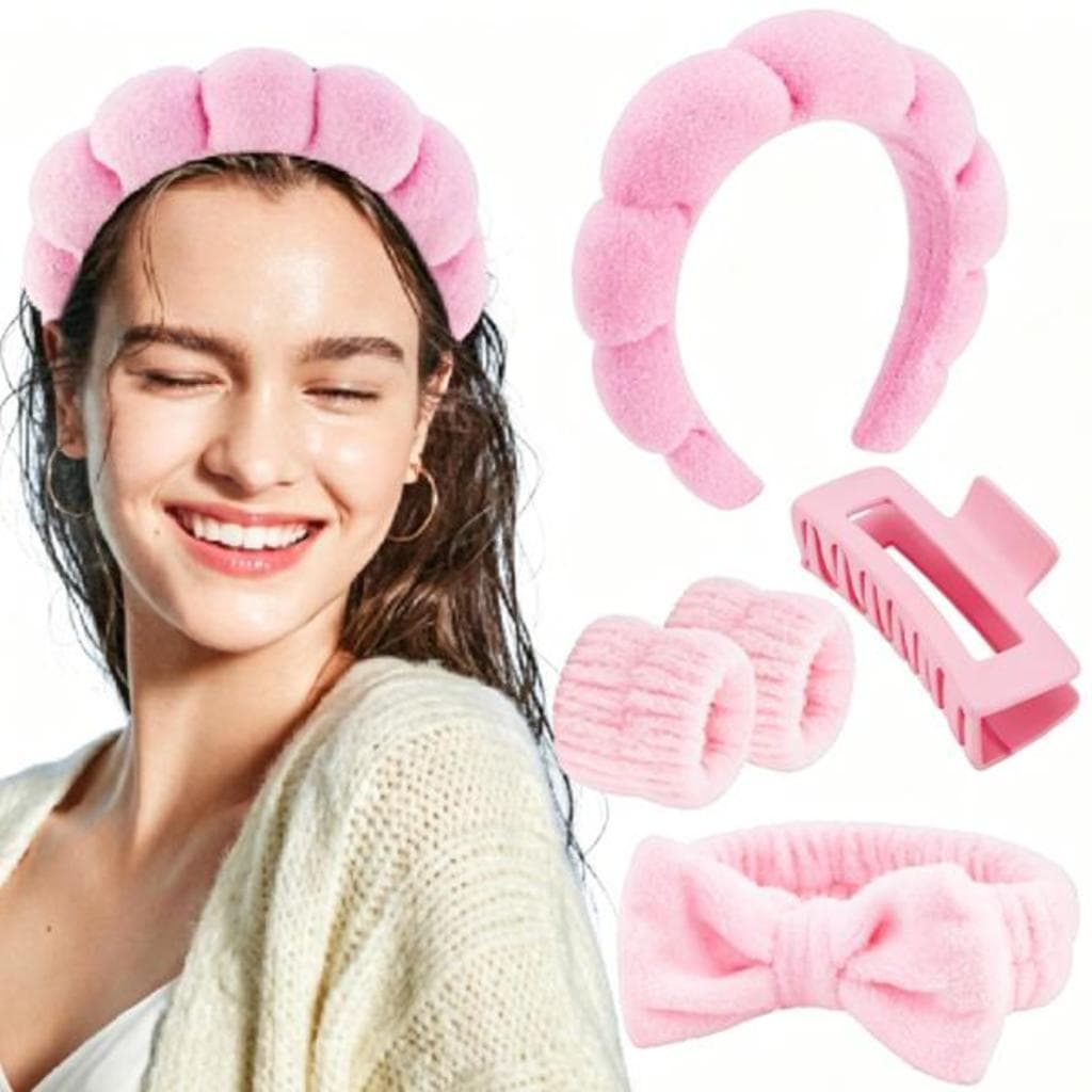 KIT 5 Peças Acessórios de Skincare Spa Feminino - Tiara Nuvem,Pulseira,Elástico,Presilha