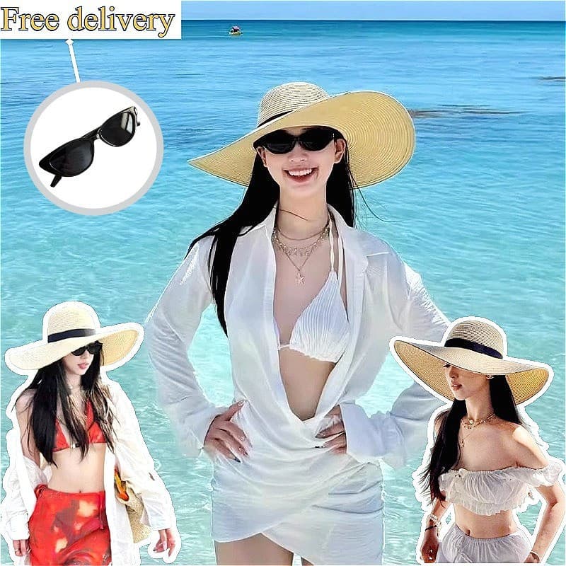Novo Chapéu De Palha Feminino Verão À Beira-Mar Grande Borda Proteção Solar Feriado Francês Vento Praia Guarda-Sol