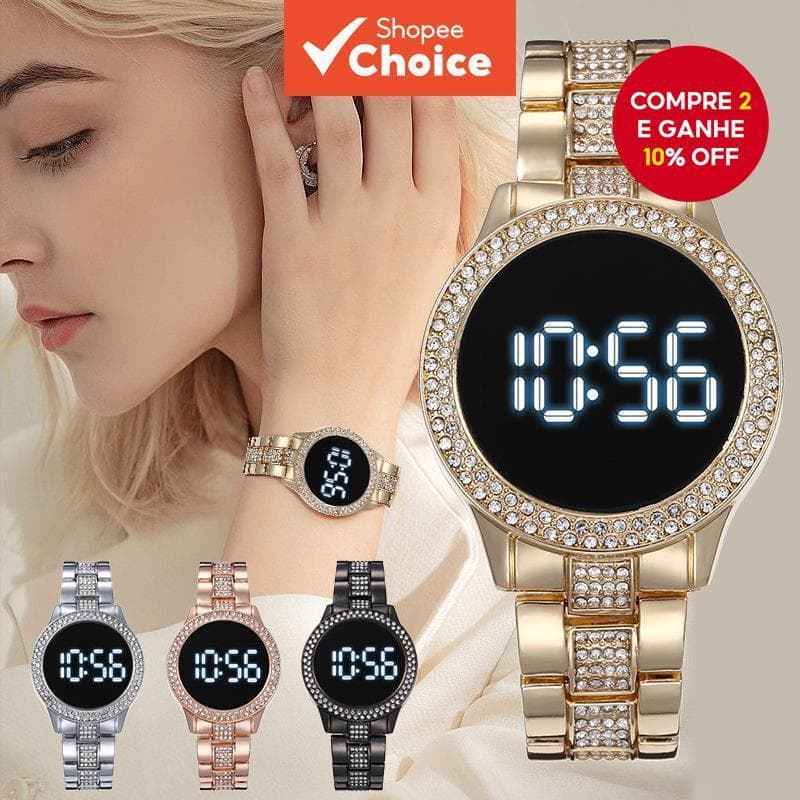 Relógio Digital LED Com Tela Sensível Ao Toque De Luxo Zircônia Cúbica Feminina Para Ioga Fitness