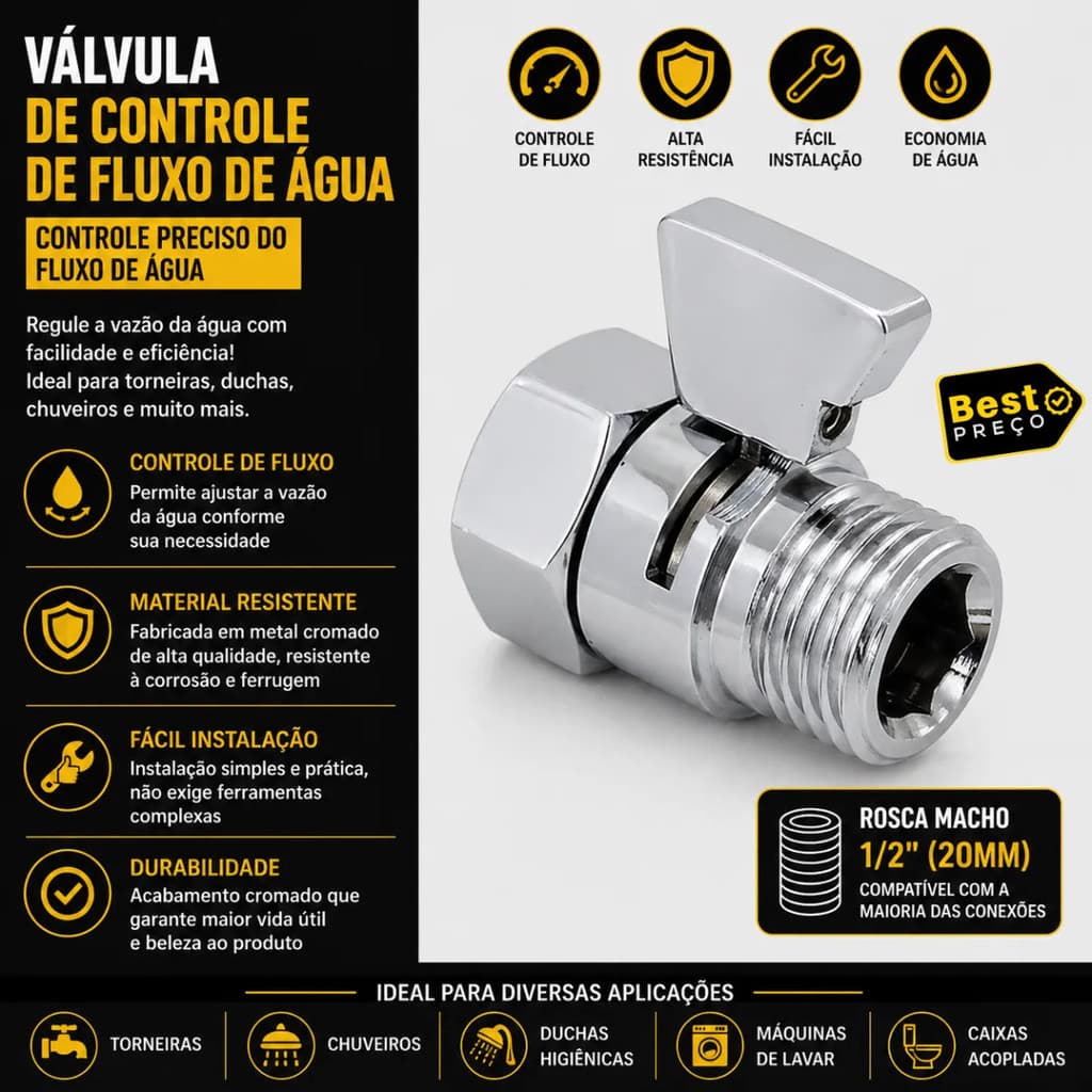 Válvula Controle Fluxo Água Registro Ajustável Aço Inox Banheiro Cozinha
