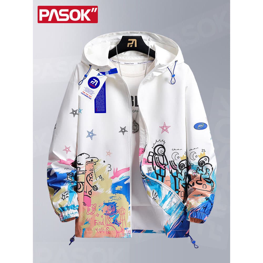 Jaqueta masculina outono Street Wear Graffiti impressão à prova de vento com capuz topo estilo americano adolescentes me
