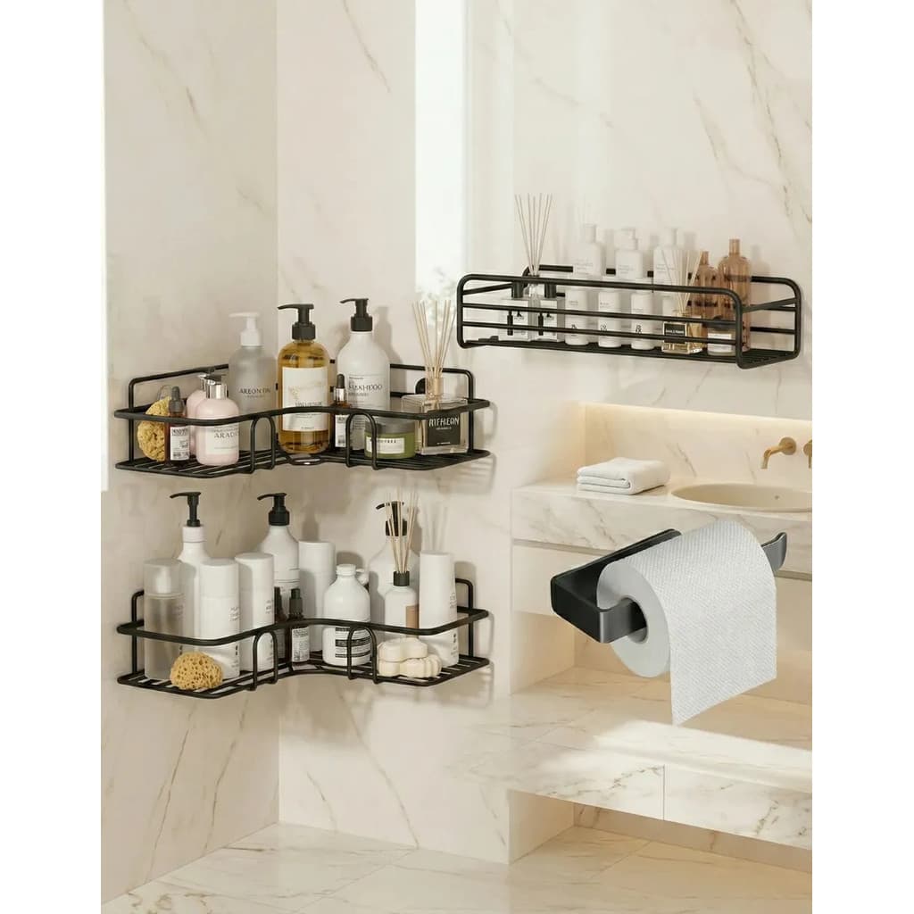 Kit 4 Suporte De Banheiro Porta Shampoo Sabonete Alto Adesivo De Parede Sem Furos Preto