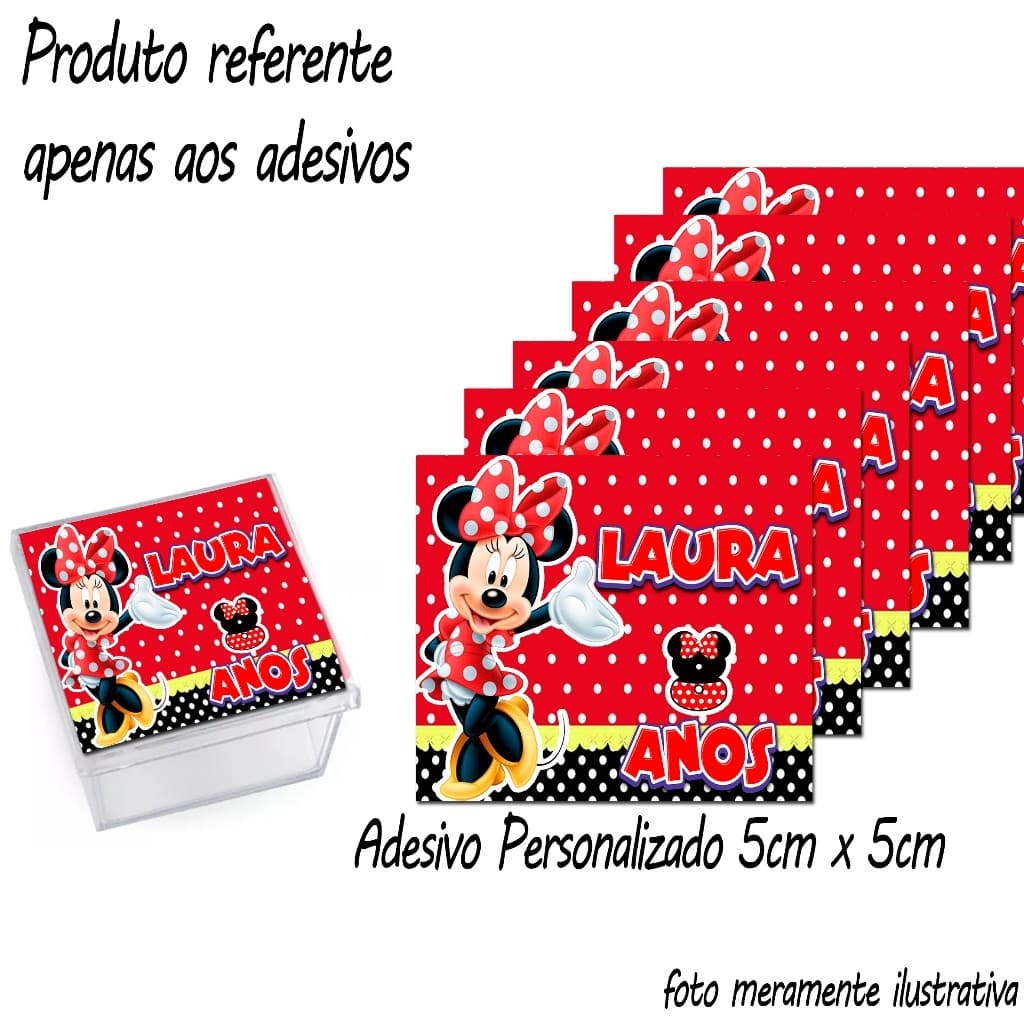 Adesivos personalizados 5cm x 5cm Tema Minnie Vermelha para caixinha Acrílica. Lembrancinha pra Festa em geral.
