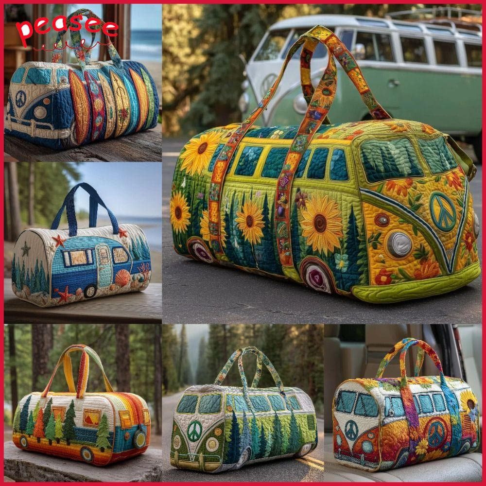 [PEASEE] Bolsa De Viagem , Acolchoada Com Design De Ônibus De Grande Capacidade , Sacola De Ginástica Retrô Boho Resiste