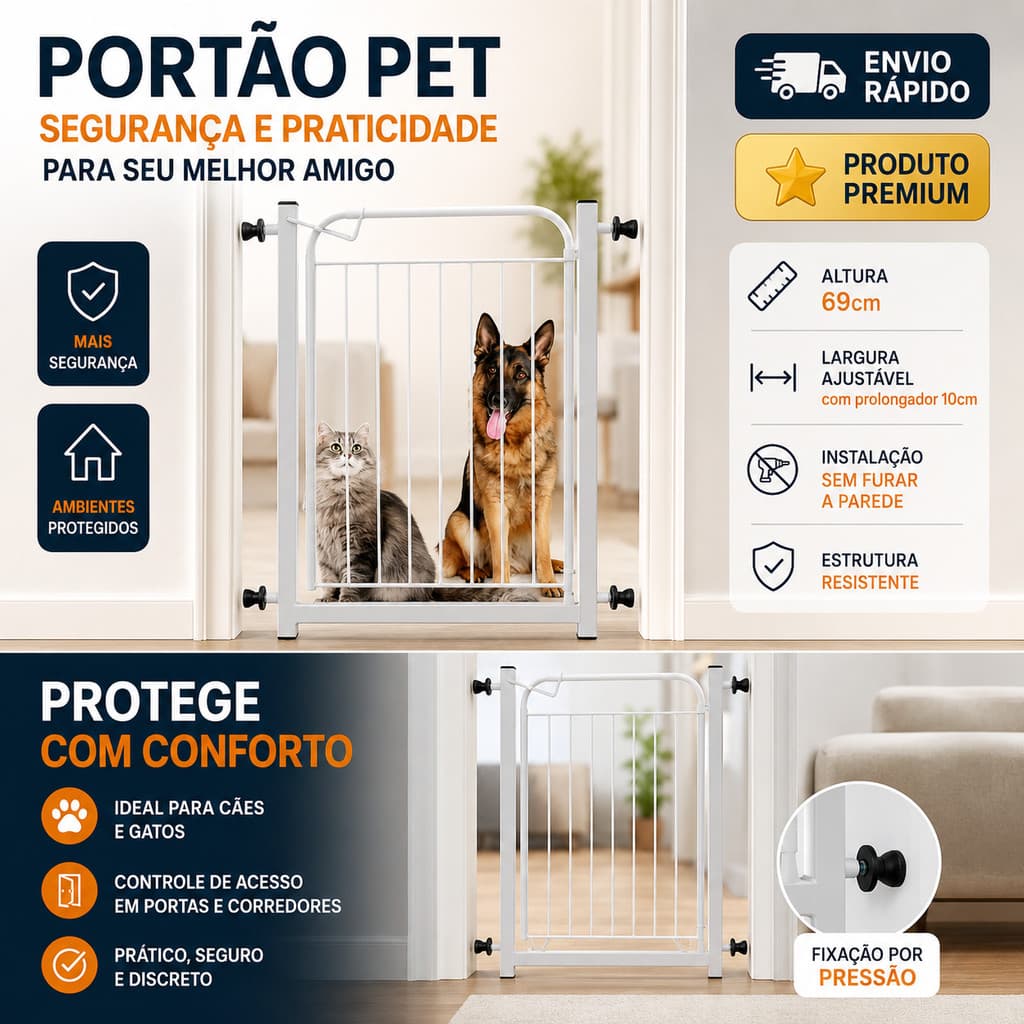 Portão Pet Branco 69cm + Prolongador 10cm S/ Furar Parede