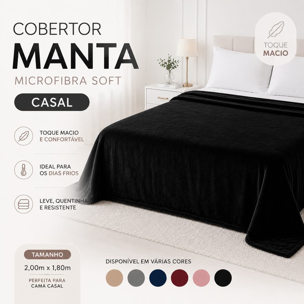 Cobertor Manta Casal Microfibra Soft Inverno Fleece Lisa Toque Macio 2,00mx1,80m varias cores