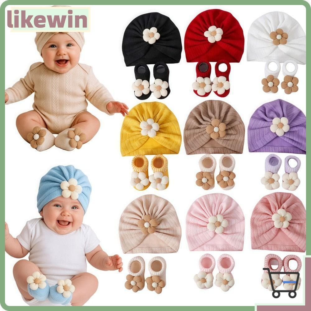Conjunto De Meias De Chapéu De Turbante Infantil Tipo , Lenço De Cabeça De Bebê Respirável Elástico , Flor De Algodão Ma