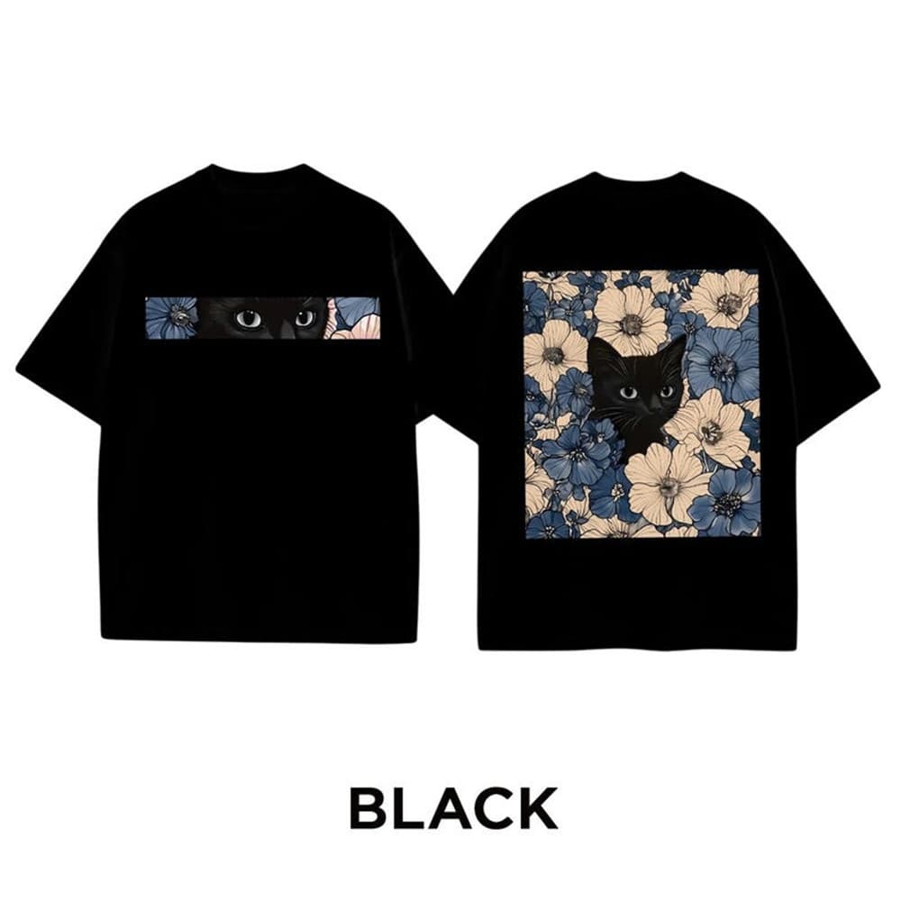Camiseta Masculina Feminina Estampa Gato Preto com Flores Dupla Face T-shirt Unissex Arte Floral Envio Imediato