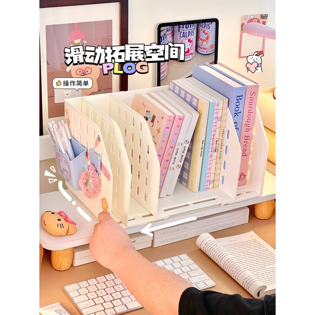Estante de mesa retrátil, prateleira com buraco, multigrade, prateleira de armazenamento de livros de estudante, escritó