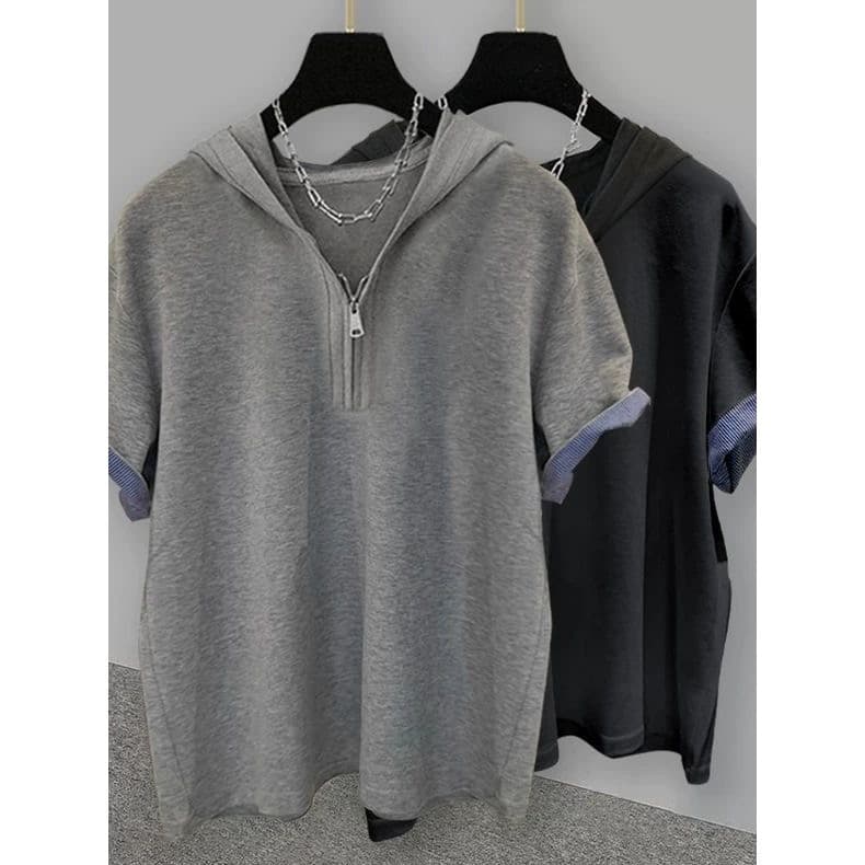 High-End americano falso de duas peças meio zíper de manga curta camiseta masculina verão novo estilo solto Casual gelo