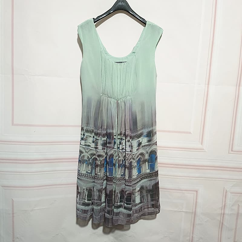 R RMEO Romântico Sem Mangas Verão Plissado Saia Grande Senhoras Vestido Chiffon Slimmer Look All-Match Print Look Mais M