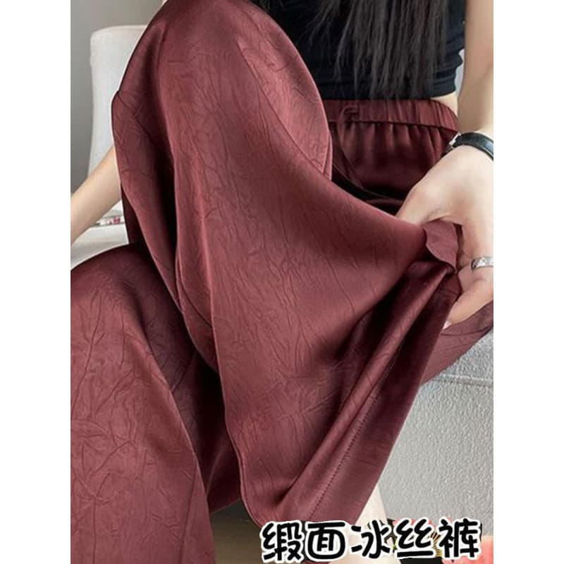 Cetim de seda gelo calças de perna larga mulheres verão fino legal calças Drape textura Casual calças retas mais magro o
