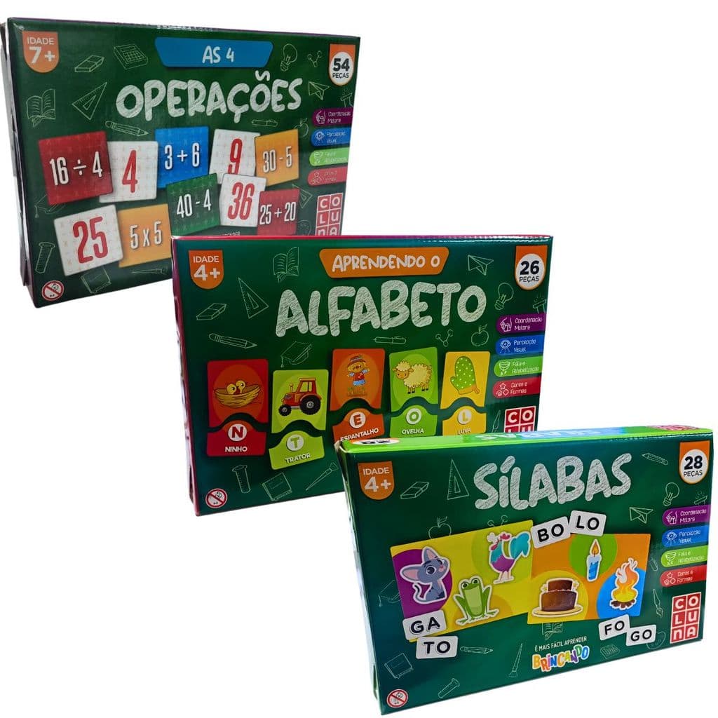 Jogo Brinquedo Educativo Escola Alfabetização Matemática Pedagógico Kit 4 Operação Alfabeto Silabas