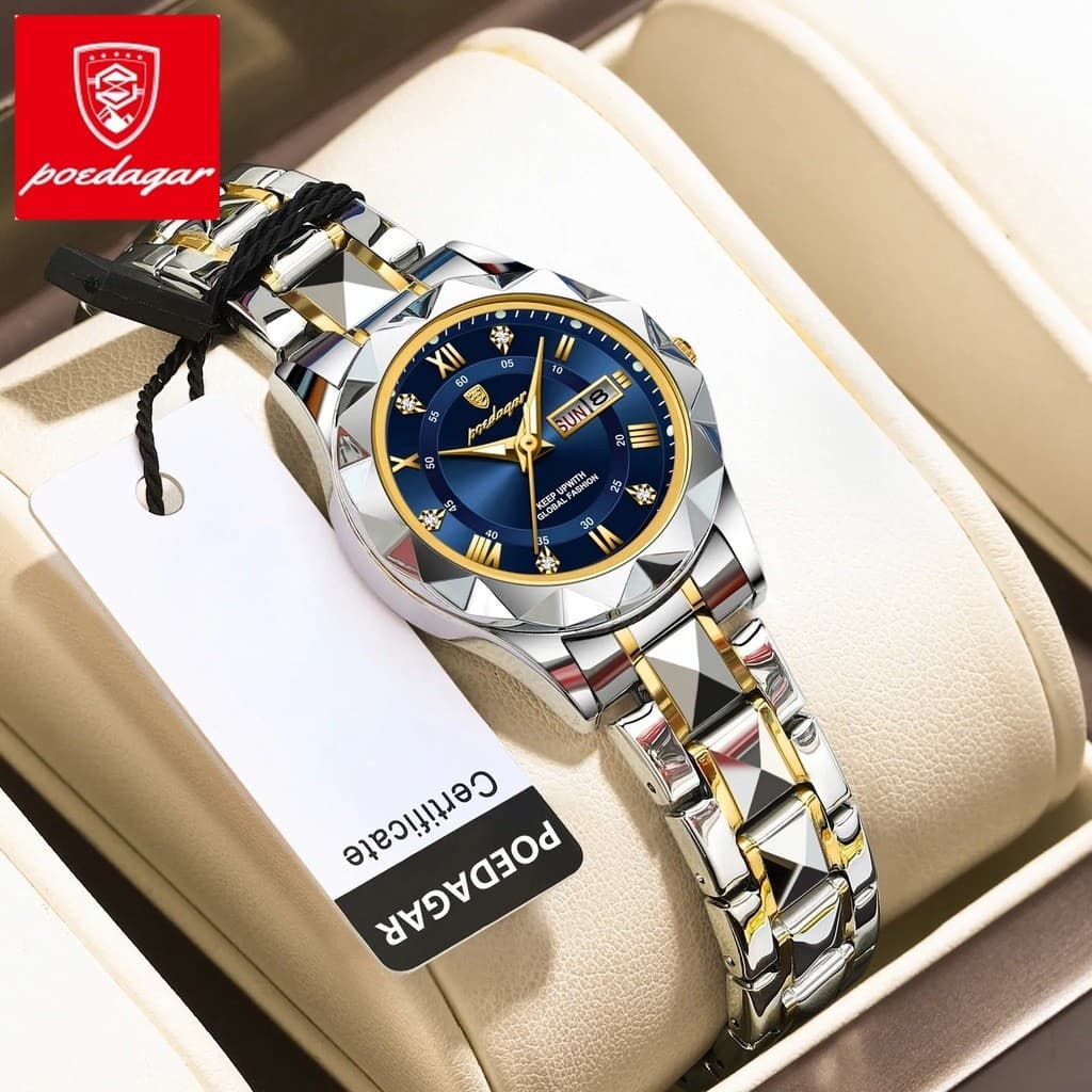 Relógio de Luxo Feminino POEDAGAR, Luminoso, à Prova d'Água, com Display de Data, Calendário Semanal, Relógio de Quartzo