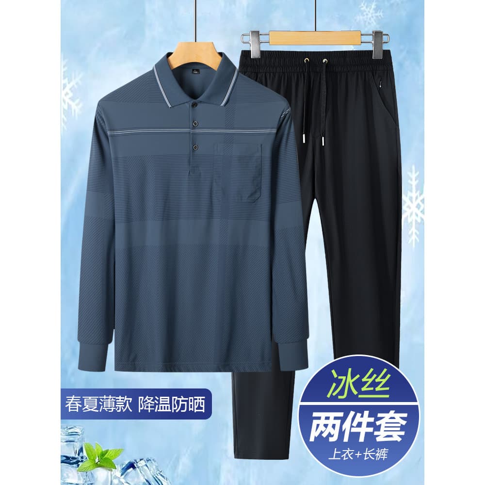 Estilo fino pai terno de seda gelo primavera verão meia-idade idosos Casual manga comprida camiseta masculina calças esp