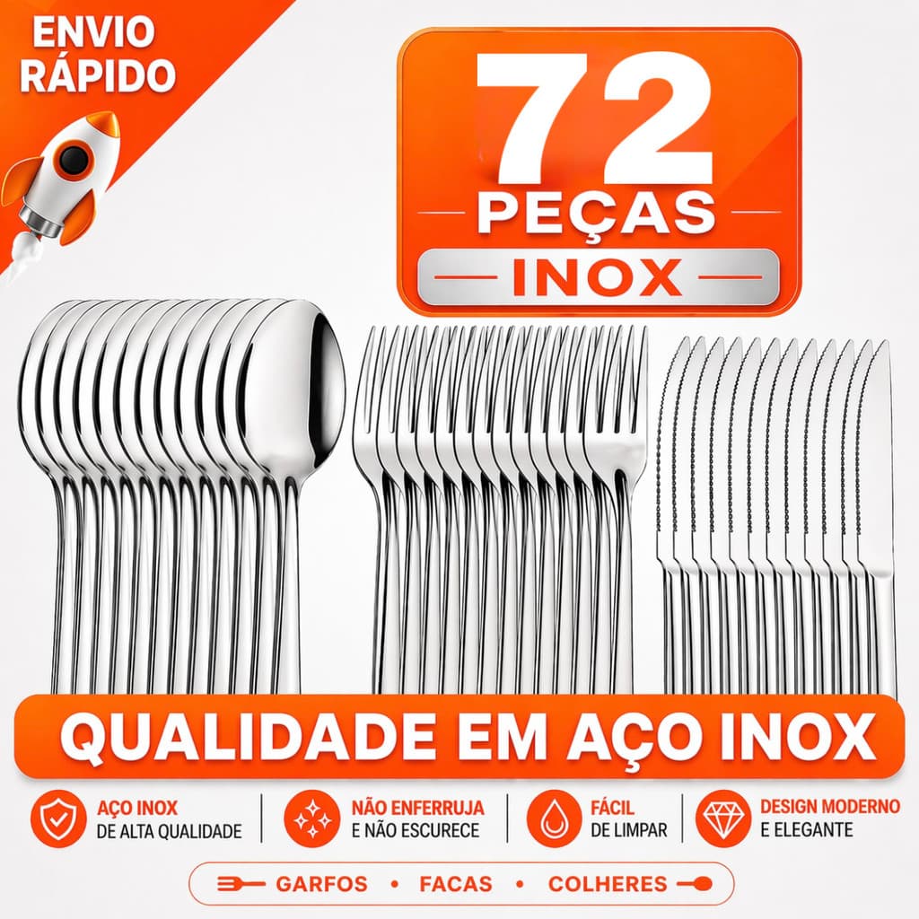 Jogo de Talheres 18 36 e 72 Peças Garfo Faca e Colher Resistente em Aço Inox
