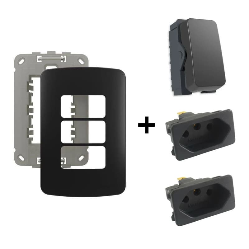 KIT PLACA 4x2 3 MÓDULOS + INTERRUPTOR 10A + 2 TOMADAS 20A EBONY B3 MARGIRIUS PRETO