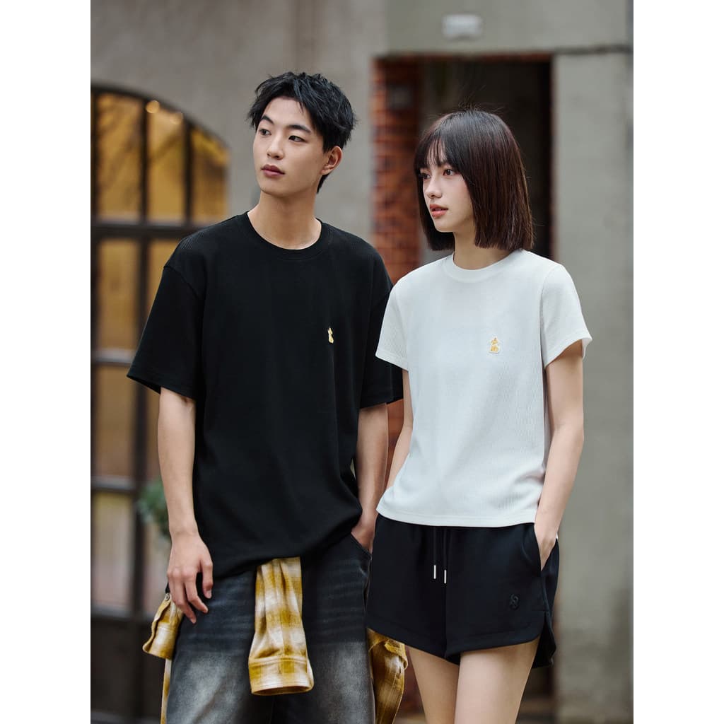 P PSO marca masculina feminina Waffle bonito olhando filhote de cachorro de manga curta camiseta verão meia manga camise