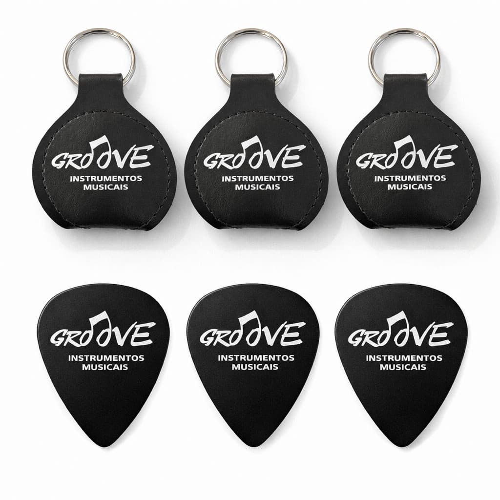 Kit 3 Chaveiro Porta Palhetas Groove Preto Couro Sintético 3 Palhetas Guitarra Violão Baixo