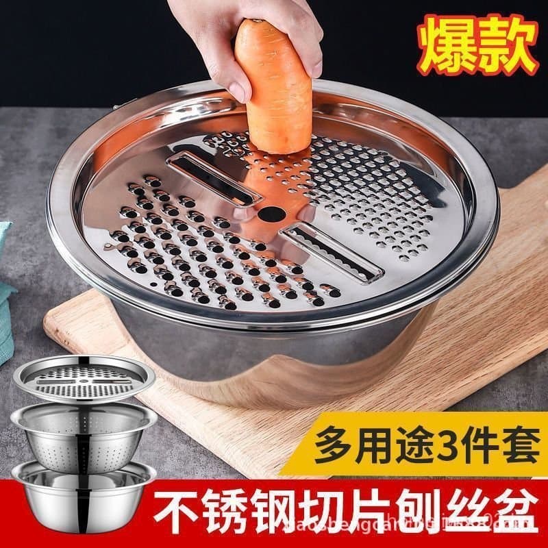 Bacia de aço inoxidável com ralo, utensílio azul para corte de vegetais, fatiador de batatas, ralador e triturador, baci
