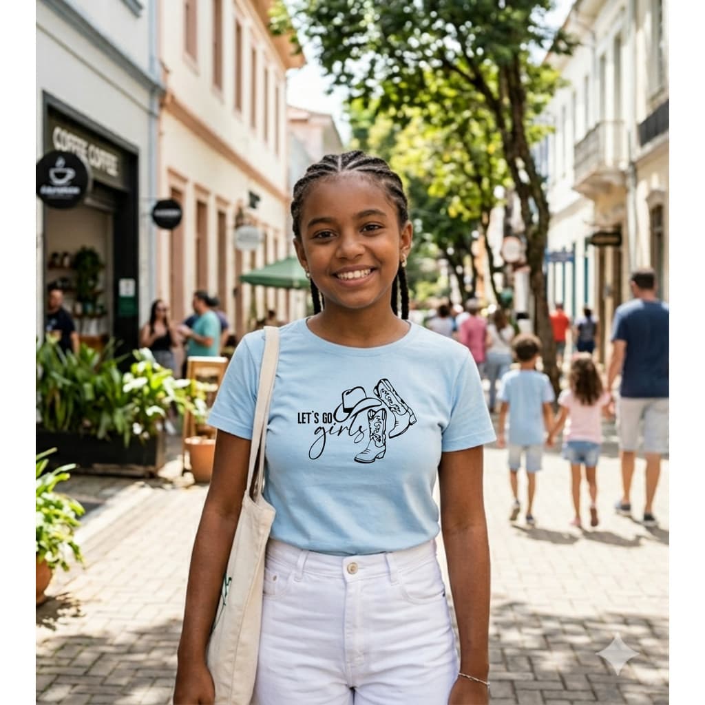 Camiseta Infantil Feminina Let’s Go Girls Estampa Country Manga Curta Algodão