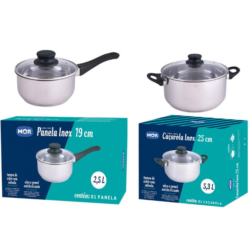 Jogo de Panelas Inox MOR – Panela 19 cm + Caçarola 25 cm com Tampa de Vidro e Fundo Triplo