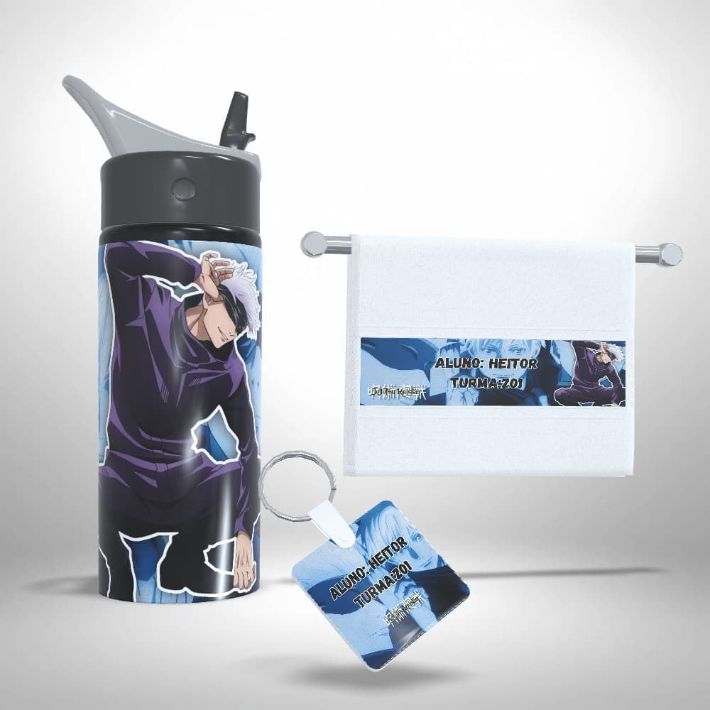 Kit Escolar Squeeze, Toalhinha e Chaveiro Personalizados Jujutsu Kaisen Satoru Gojo