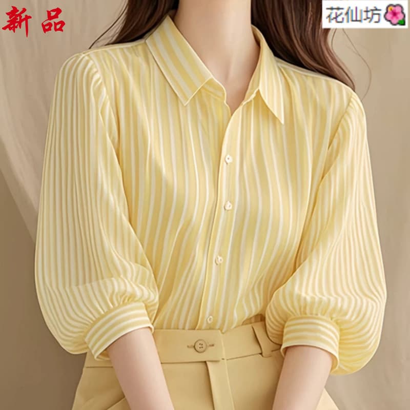 Verão francês bela camisa topo japonês coreano High-End temperamento recortado camisa listrada feminina