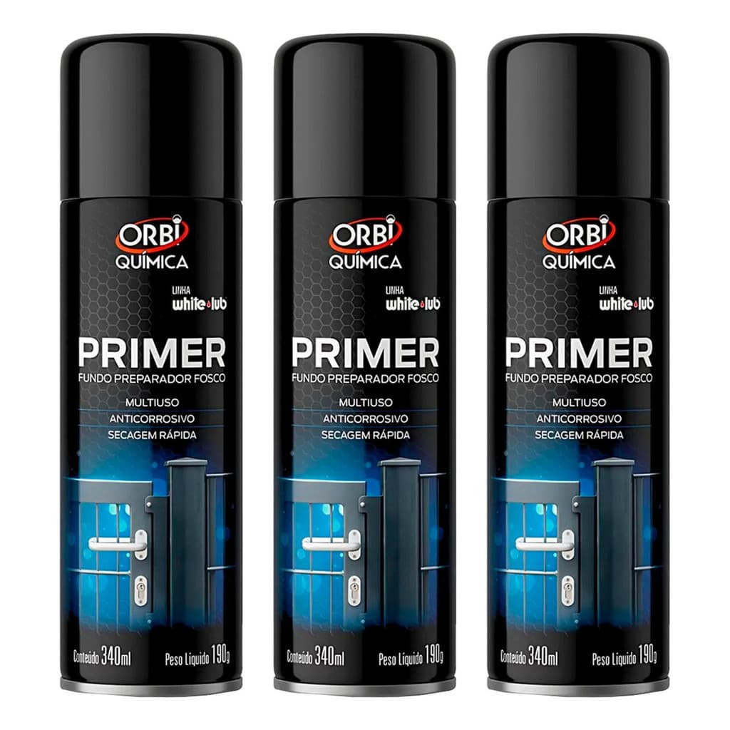 Kit 3 Tinta Spray Primer Orbi 340ml Secagem Rápida Alta Aderência Uso Profissional Premium