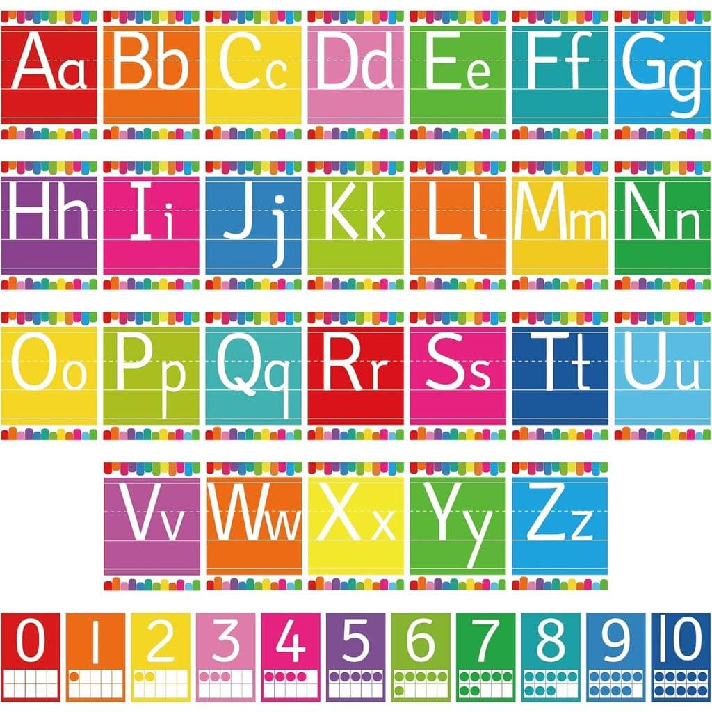 37 Peças de Alfabeto para Parede de Sala de Aula, Pôsteres de Arco-Íris ABC e Cartões de Números de 0 a 10, Letras Color