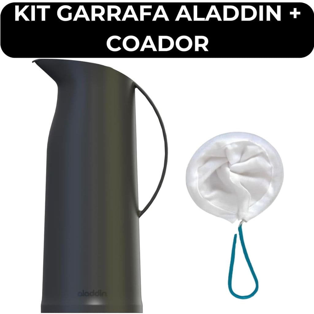 Kit Garrafa Termica Aladdin e Coador Pano Original Com Alça Garrafa de Cafe Cha Futura Preta