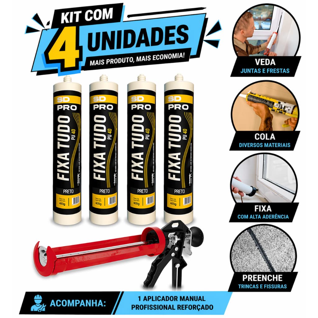 Kit 4 Cola PU40 + Aplicador Reforçado Branco Cinza Preto Isopor Vidros Metais Placas 3D Madeira